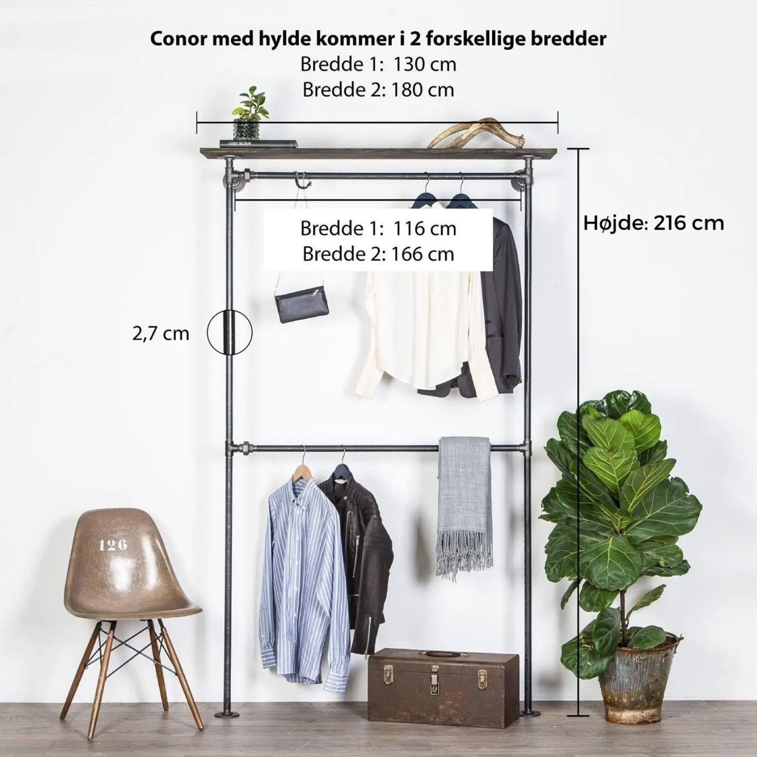 Tøjstativ CONOR sort med hylde